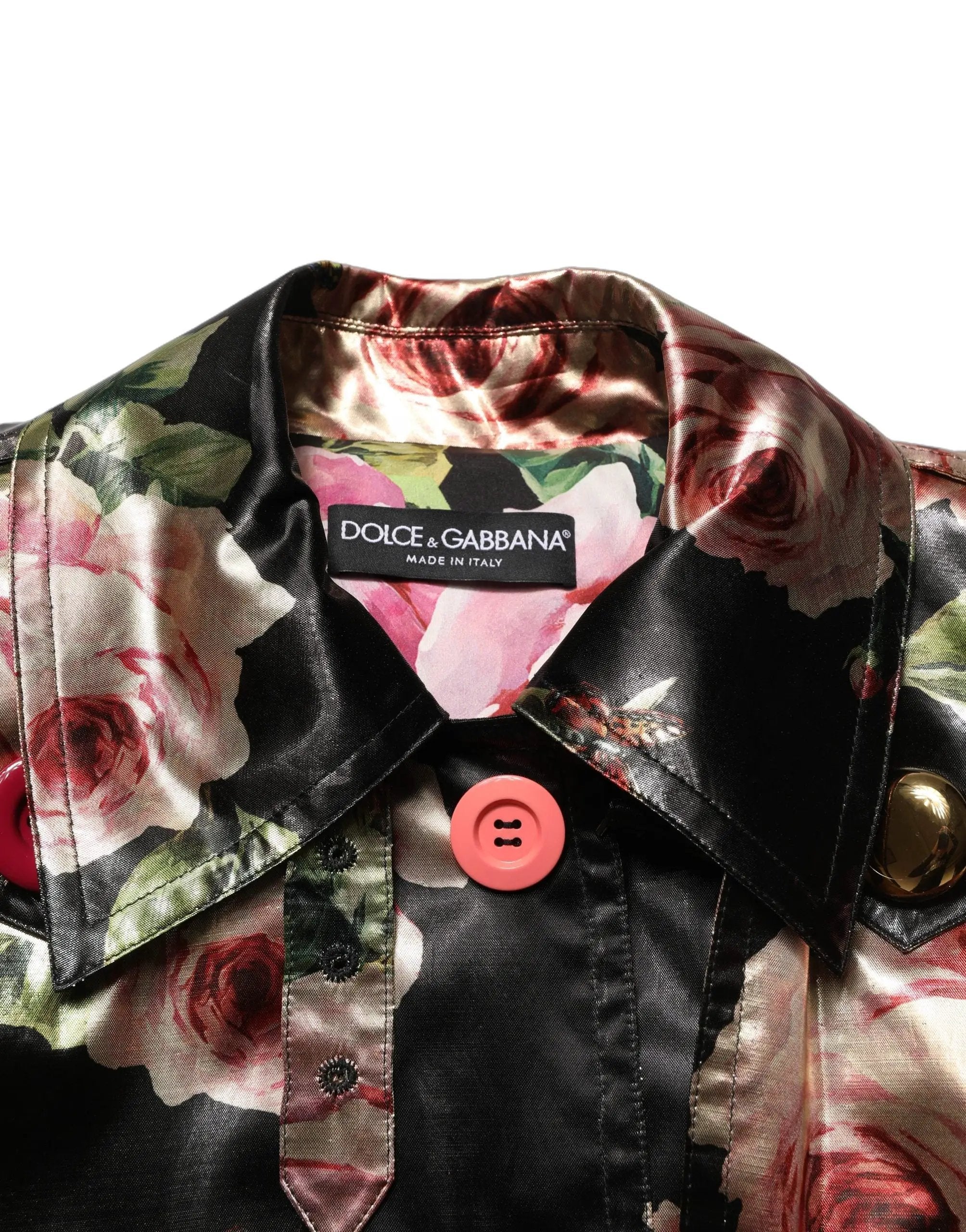 Dolce & Gabbana Black Floral Belted Polyester Trench Coat Jacket