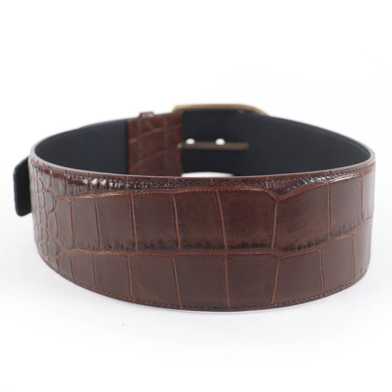 Saint Laurent Logo Croc Shape Pressed Leather Belt Brown 65 Storage