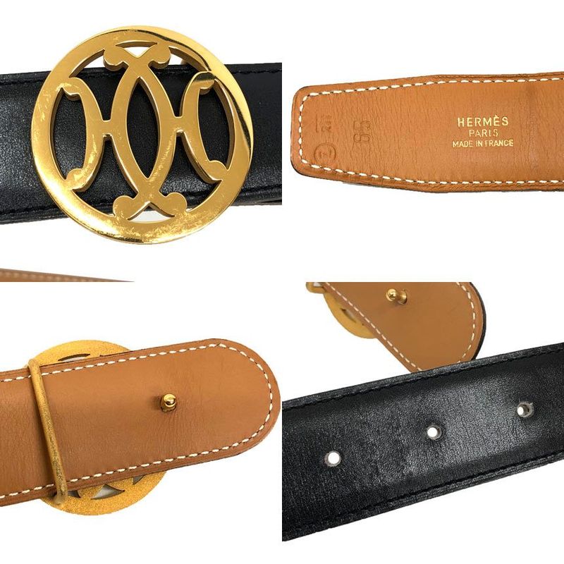 Hermes Double H Belt 65 Size Black Gold Hardware Vintage Antique