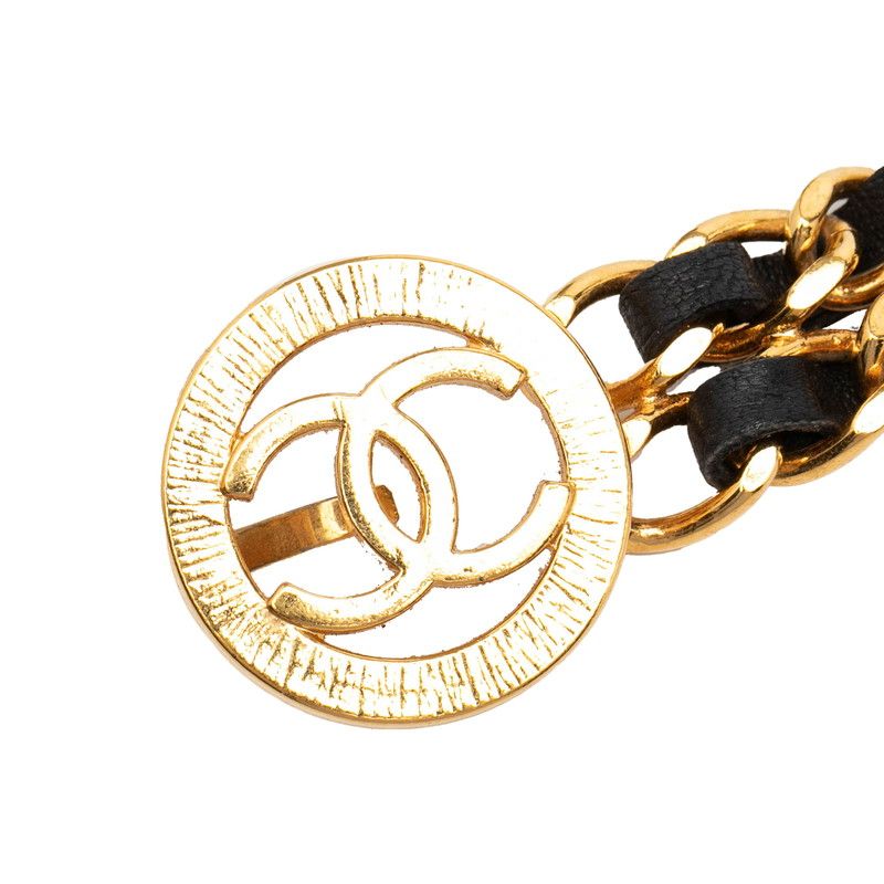 Chanel CC Logo Chain Belt 2 Rows Gold Black Plated Leather