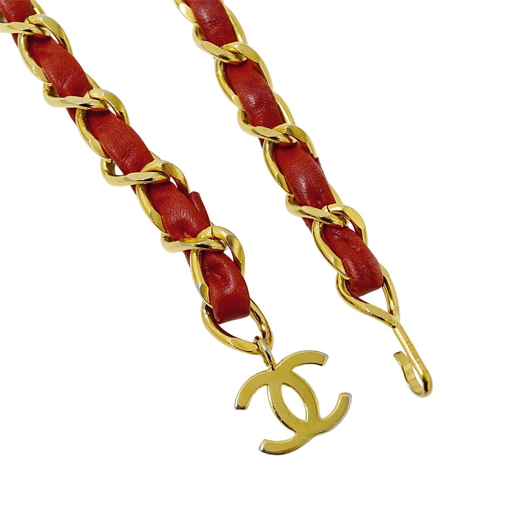 Chanel Belt Chain Leather Red Gold CC Logo