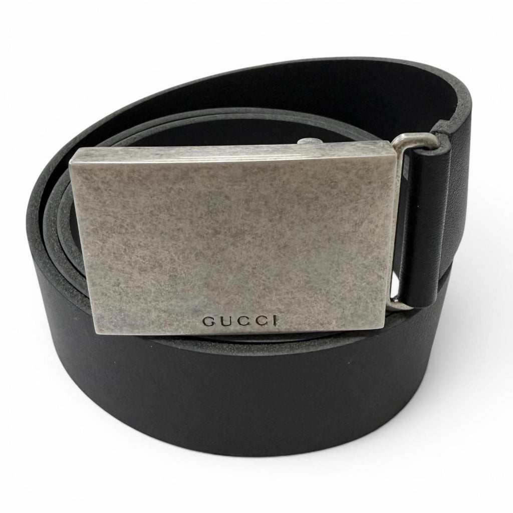 Gucci Logo Buckle Dull Finished Leather Belt Silver Black