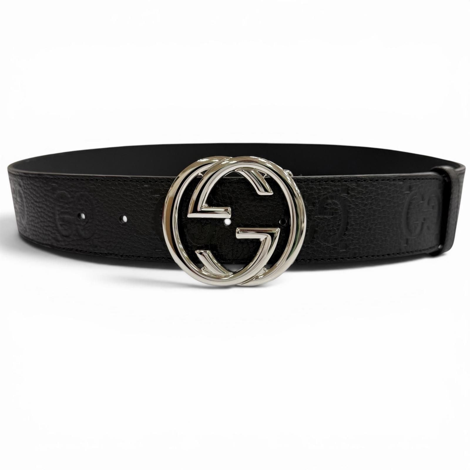Gucci Leather GG Pattern Interlocking Buckle Wide Belt Black Silver