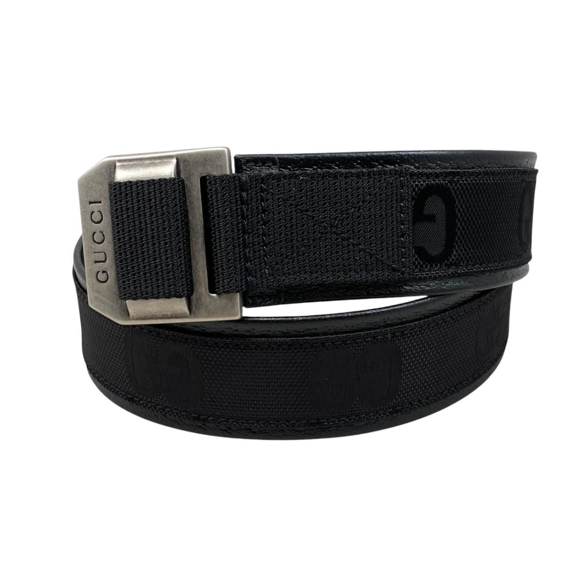 Gucci Belt Jumbo GG Nylon Leather Black Silver