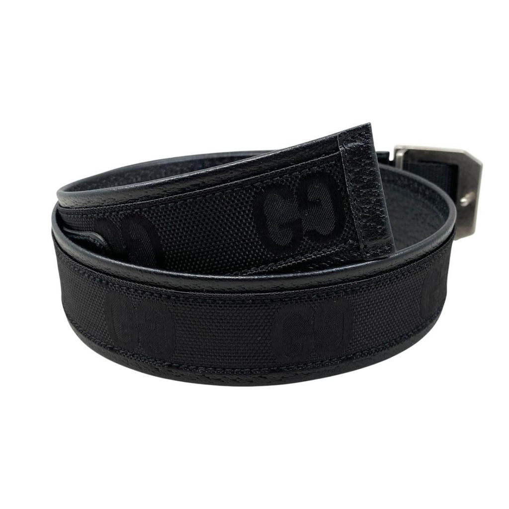 Gucci Belt Jumbo GG Nylon Leather Black Silver