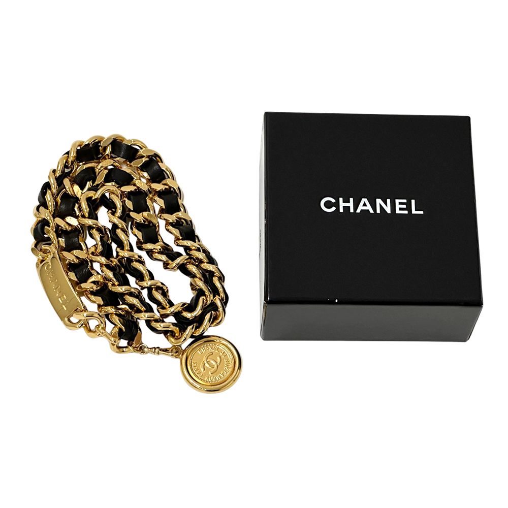 Chanel Belt Cambon Leather Chain Gold Black Logo Plate CC Thick