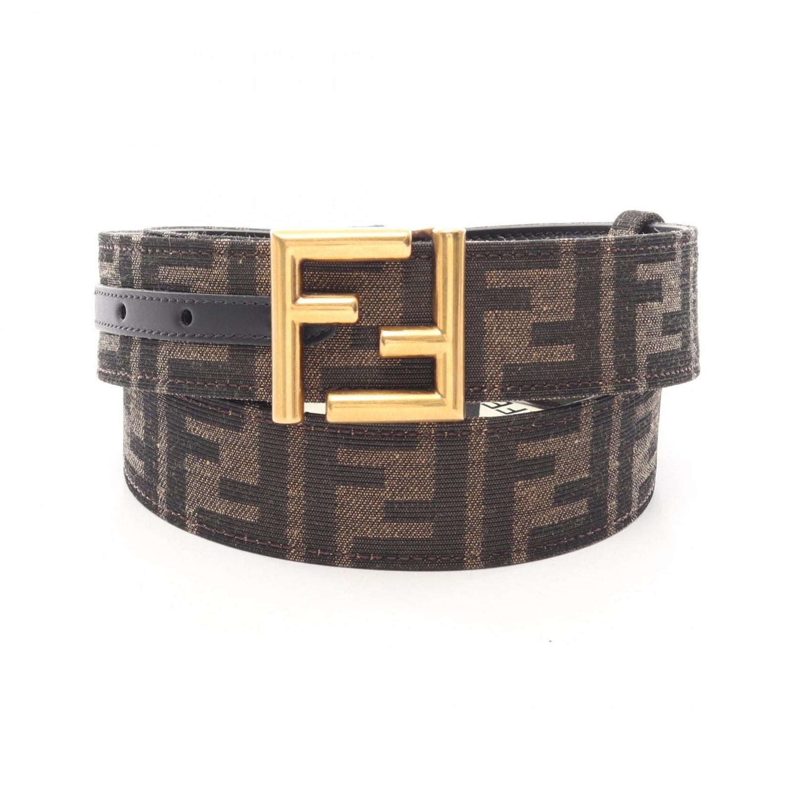 Fendi Belt FF Logo Buckle Gold Reversible Black Brown Canvas Leather