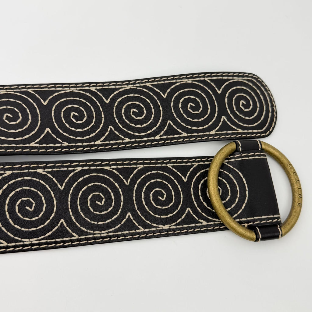 Celine Circle Buckle Spiral Pattern Leather Belt Brown Gold Vintage
