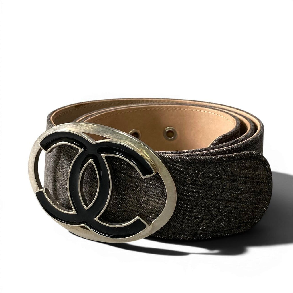 Chanel CC Logo Buckle Denim Leather Belt 36 90 Gray
