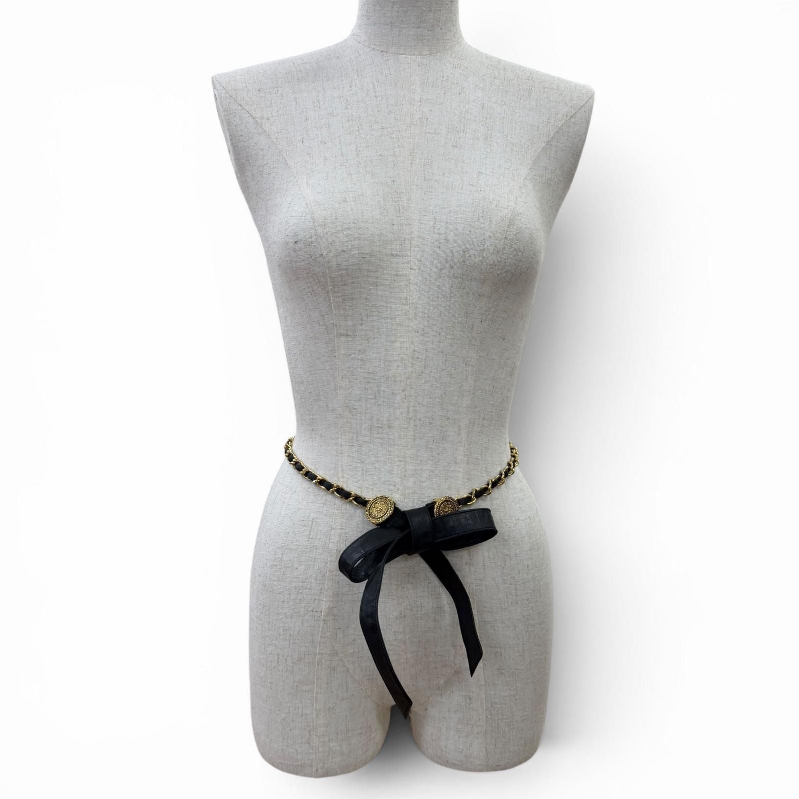 Chanel Vintage CC Logo Chain Leather Ribbon Belt Black Gold