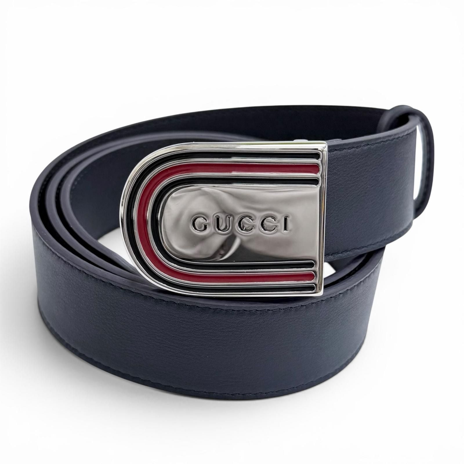 Gucci Daaat Web Detail Buckle Leather Belt Navy Silver 90 Recommended