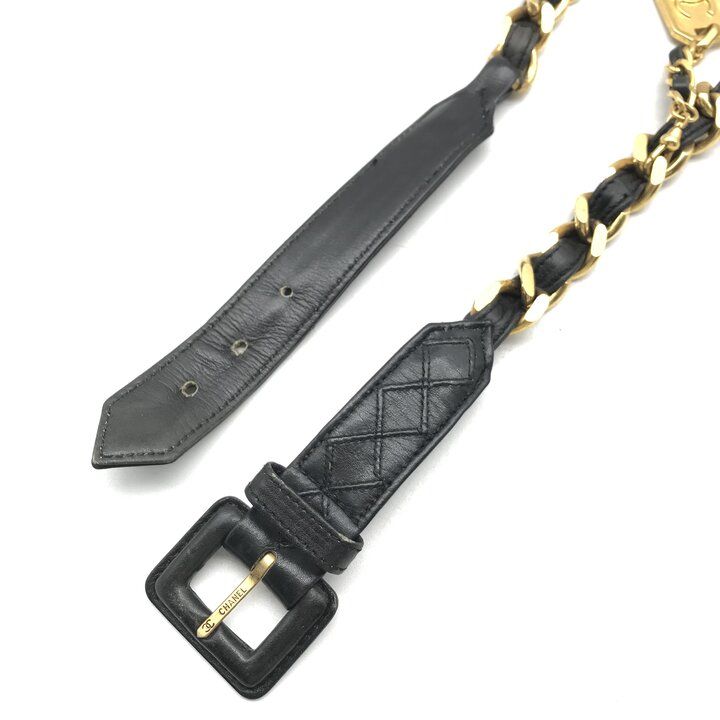 Chanel Logo Plate Gold Vintage Leather Chain Belt Black