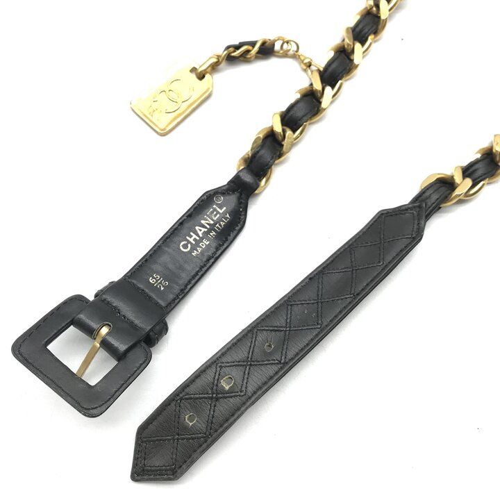 Chanel Logo Plate Gold Vintage Leather Chain Belt Black