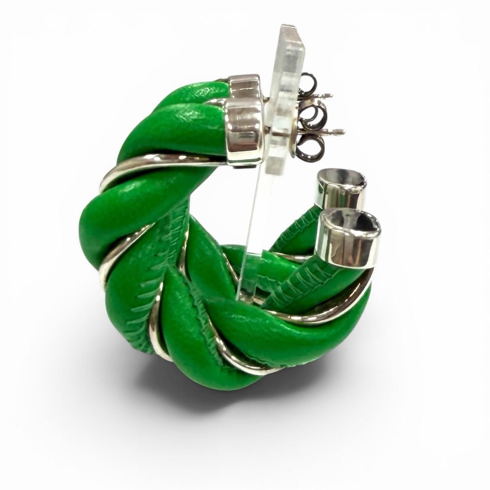 Bottega Veneta 925 Leather Twist Earrings Green Silver
