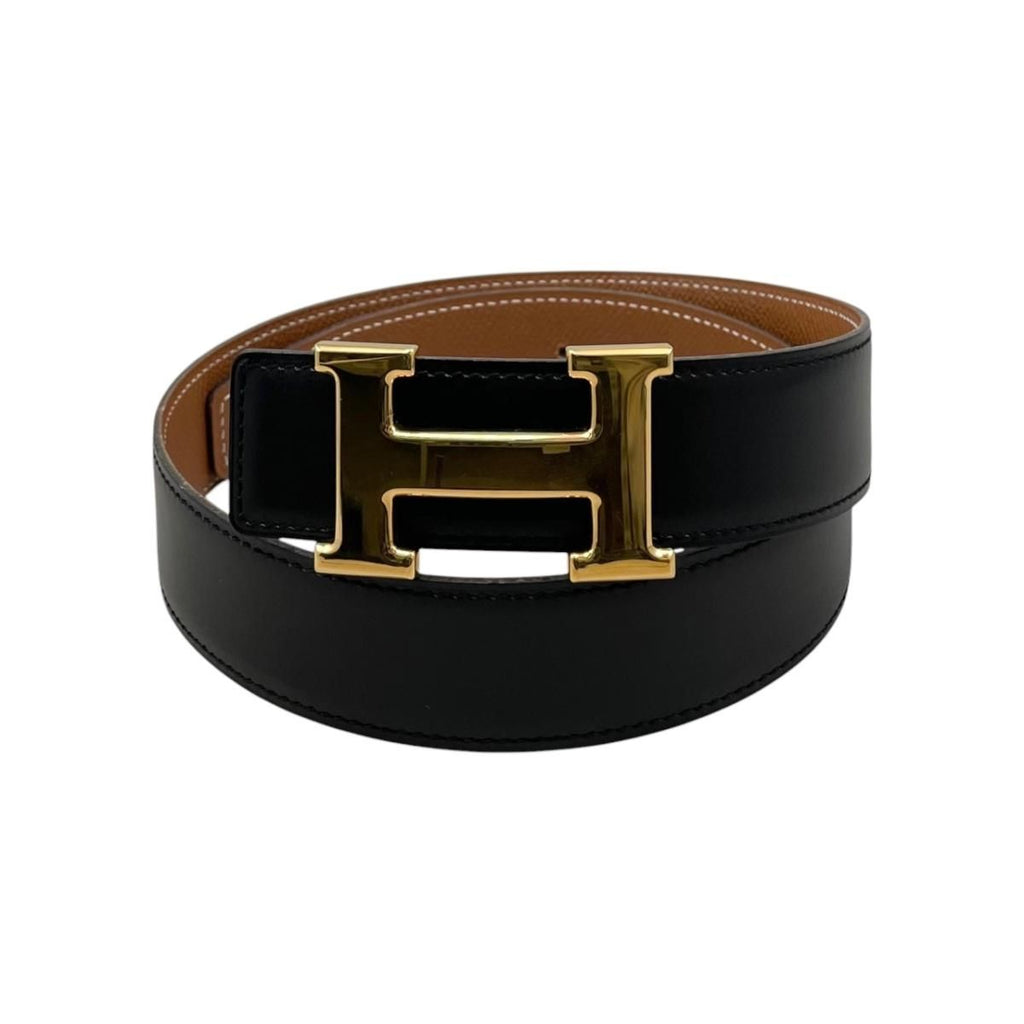 Hermes Belt Constance Leather Logo Black Gold Brown