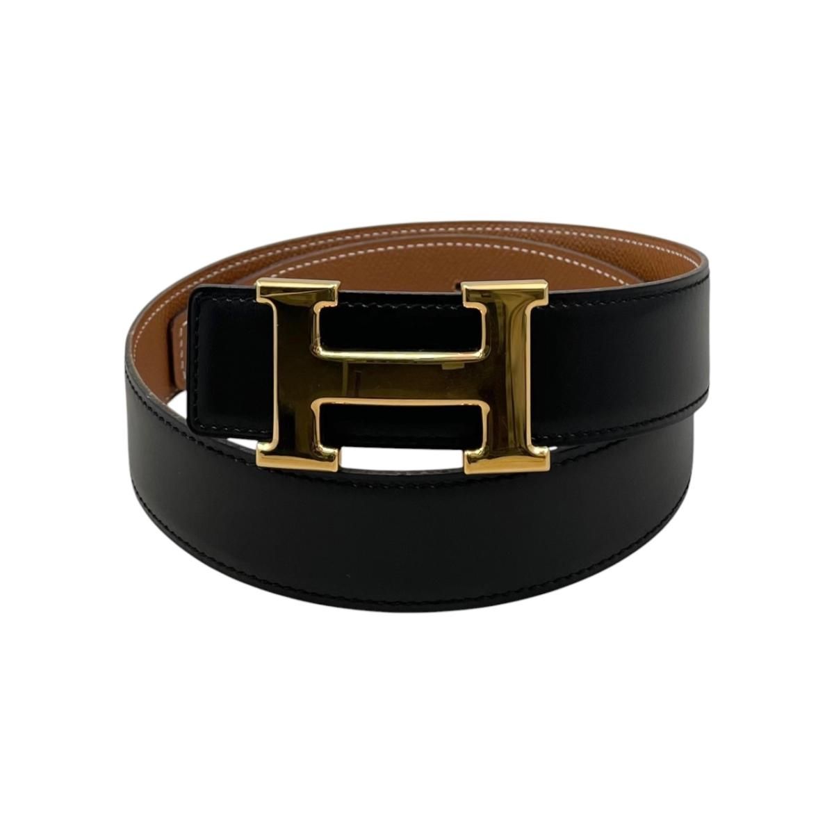 Hermes Belt Constance Leather Logo Black Gold Brown