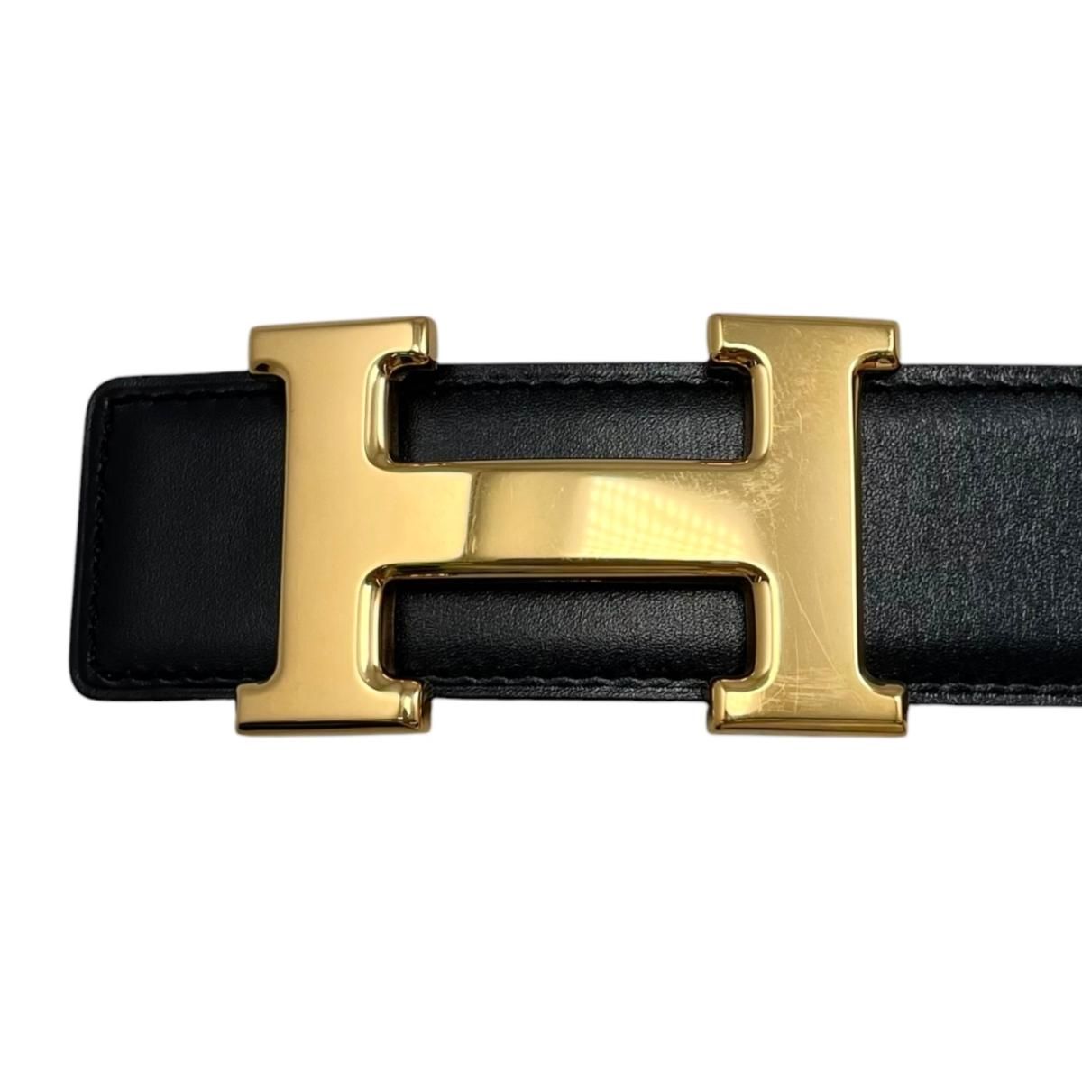 Hermes Belt Constance Leather Logo Black Gold Brown