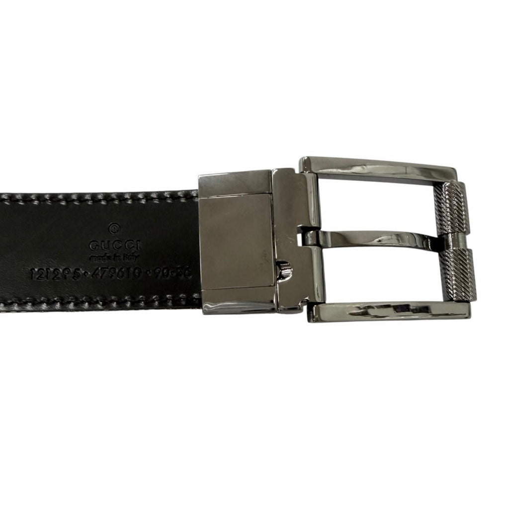 Gucci Leather GG Canvas Silver Square Hapi Buckle Reversible Belt Beige Black