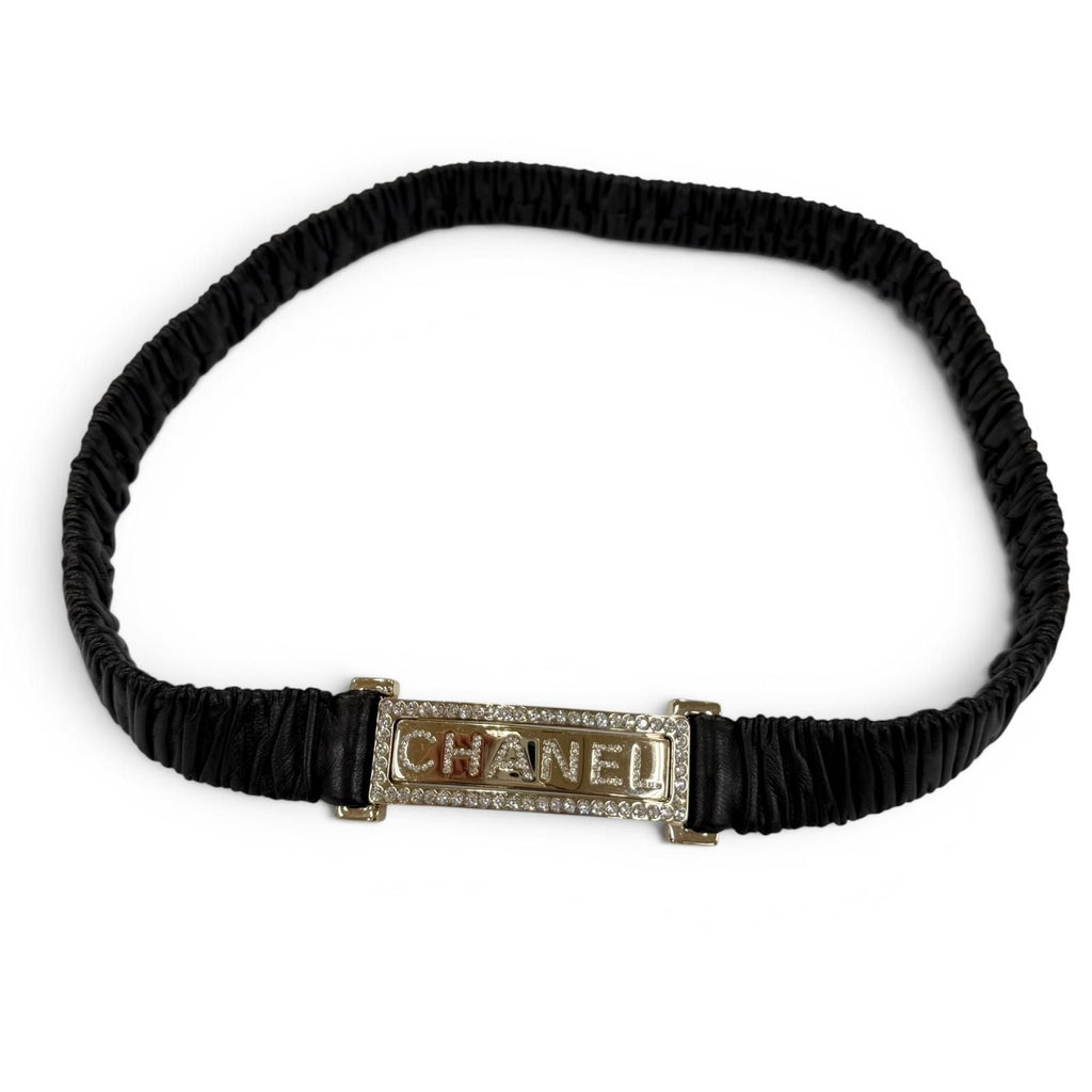Chanel 23c Logo Buckle Rhinestone Leather Belt Black Gold