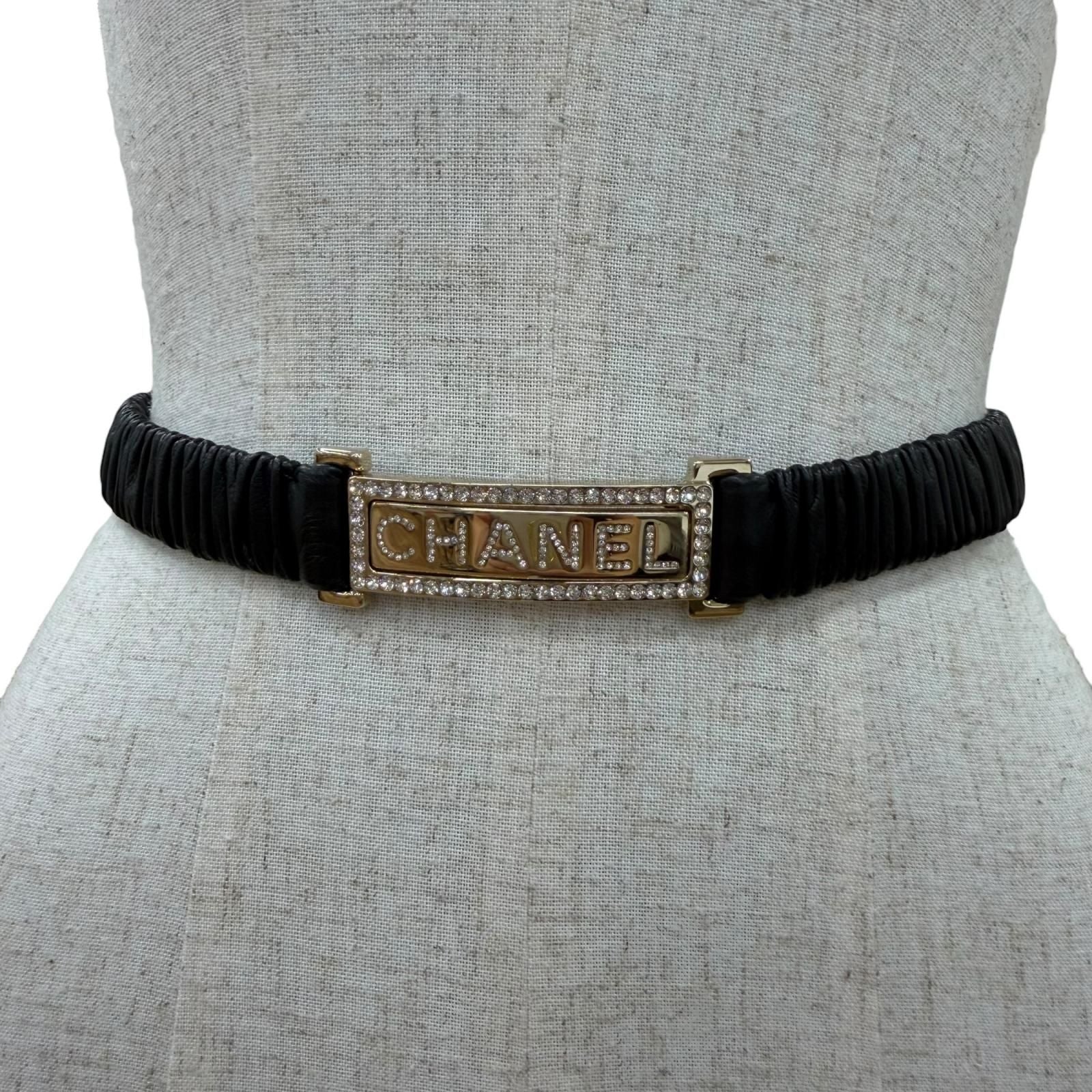 Chanel 23c Logo Buckle Rhinestone Leather Belt Black Gold