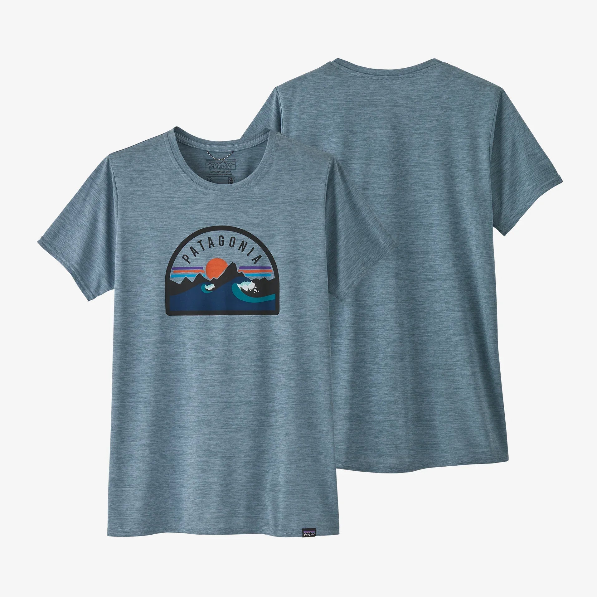Patagonia Women's Capilene® Cool Daily Graphic T-Shirt da donna in tessuto tecnico Boardie Badge: Light Plume Grey X-Dye
