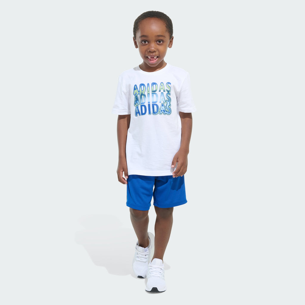 Kids' adidas Two-Piece Short Sleeve Graphic Cotton Tee and 3-Stripes Shorts Set