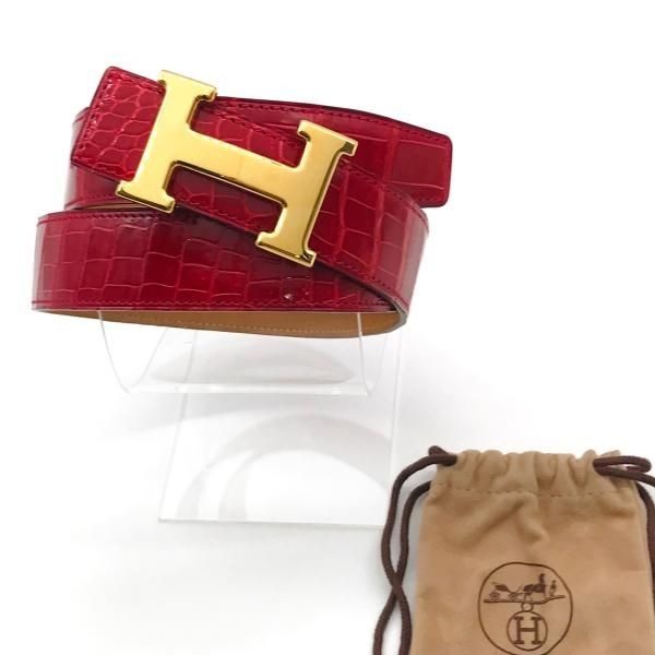 Hermes Constance Croco Porosus Buckle Belt Shikaku Red Gold