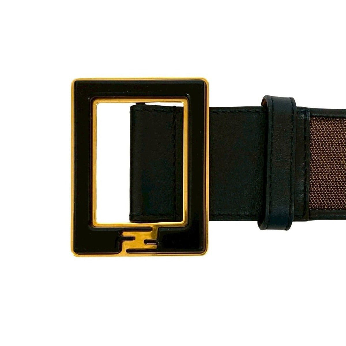 Fendi Pecan Pattern Stripe FF Logo Buckle Canvas Leather Belt