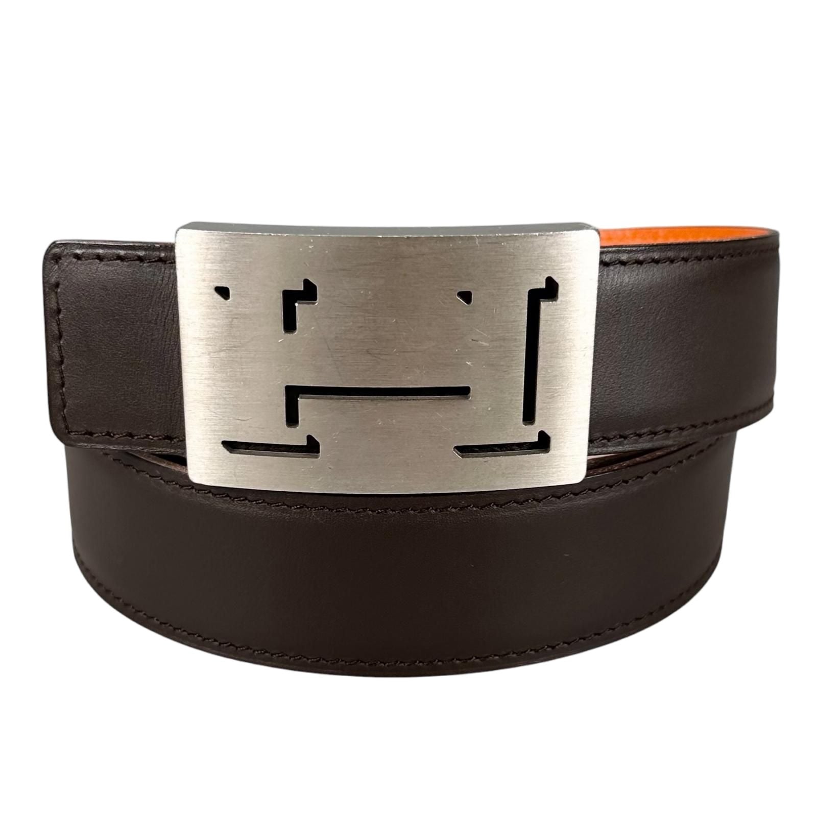 Hermes Belt Lucky Metal Leather Orange Dark Brown Silver