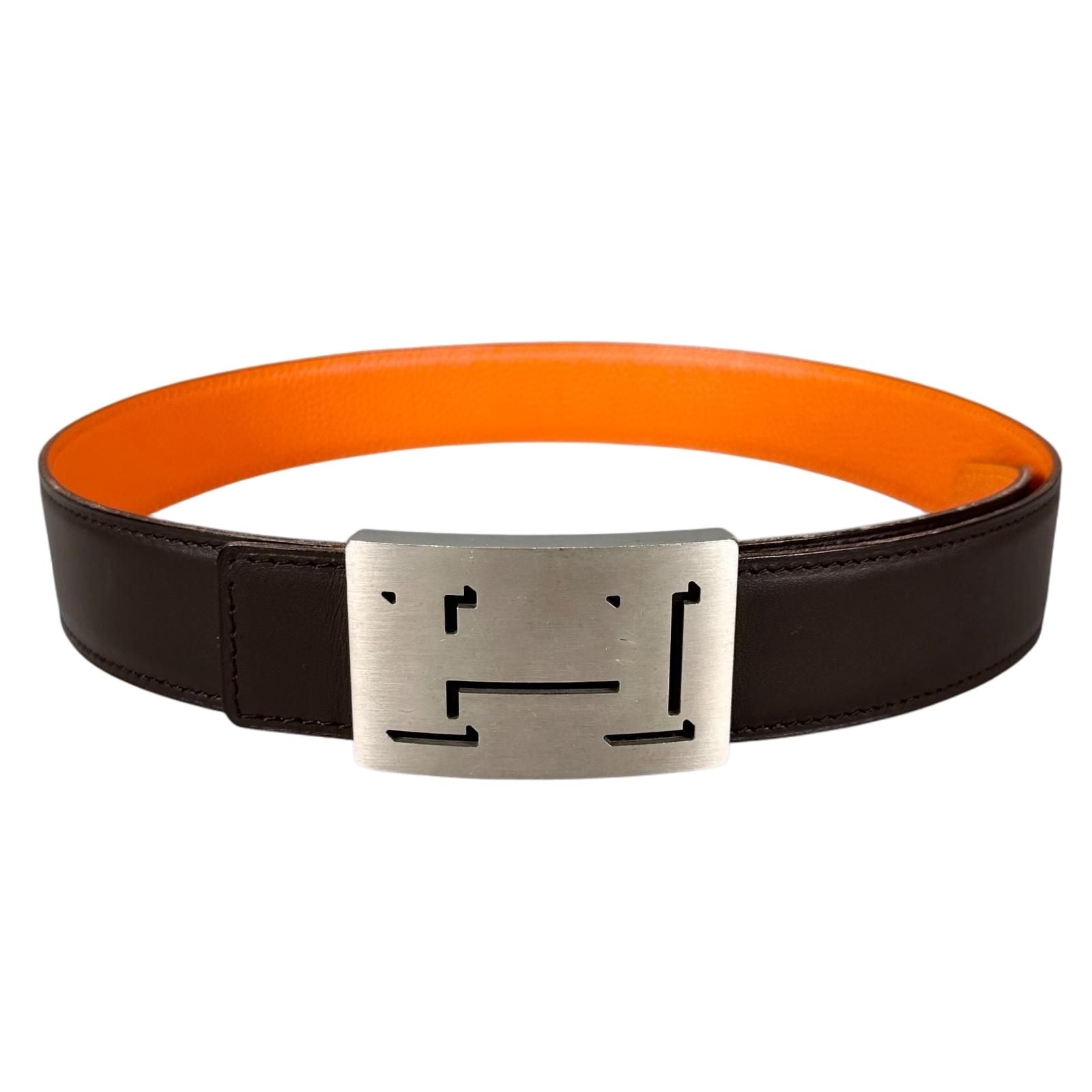 Hermes Belt Lucky Metal Leather Orange Dark Brown Silver