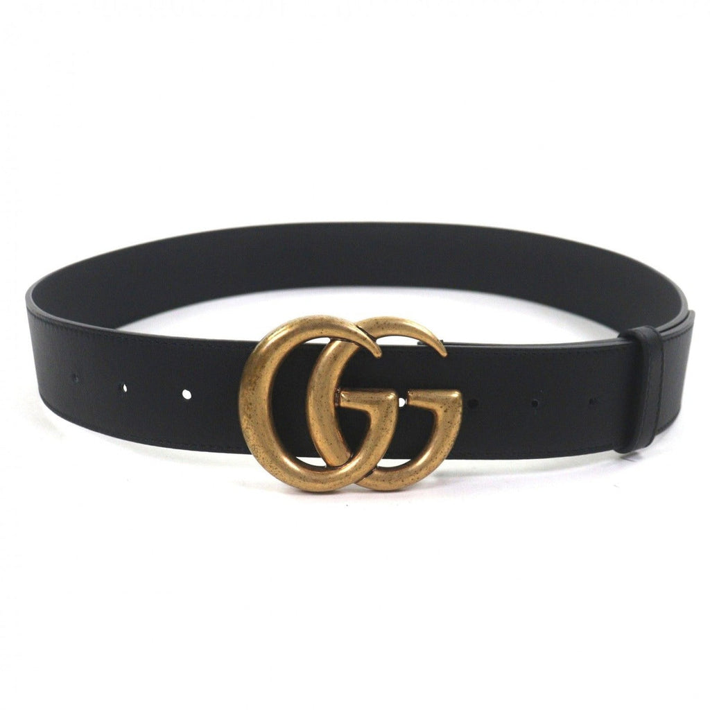 Gucci Double Wide Belt Leather GG Marmont Buckle Black Gold