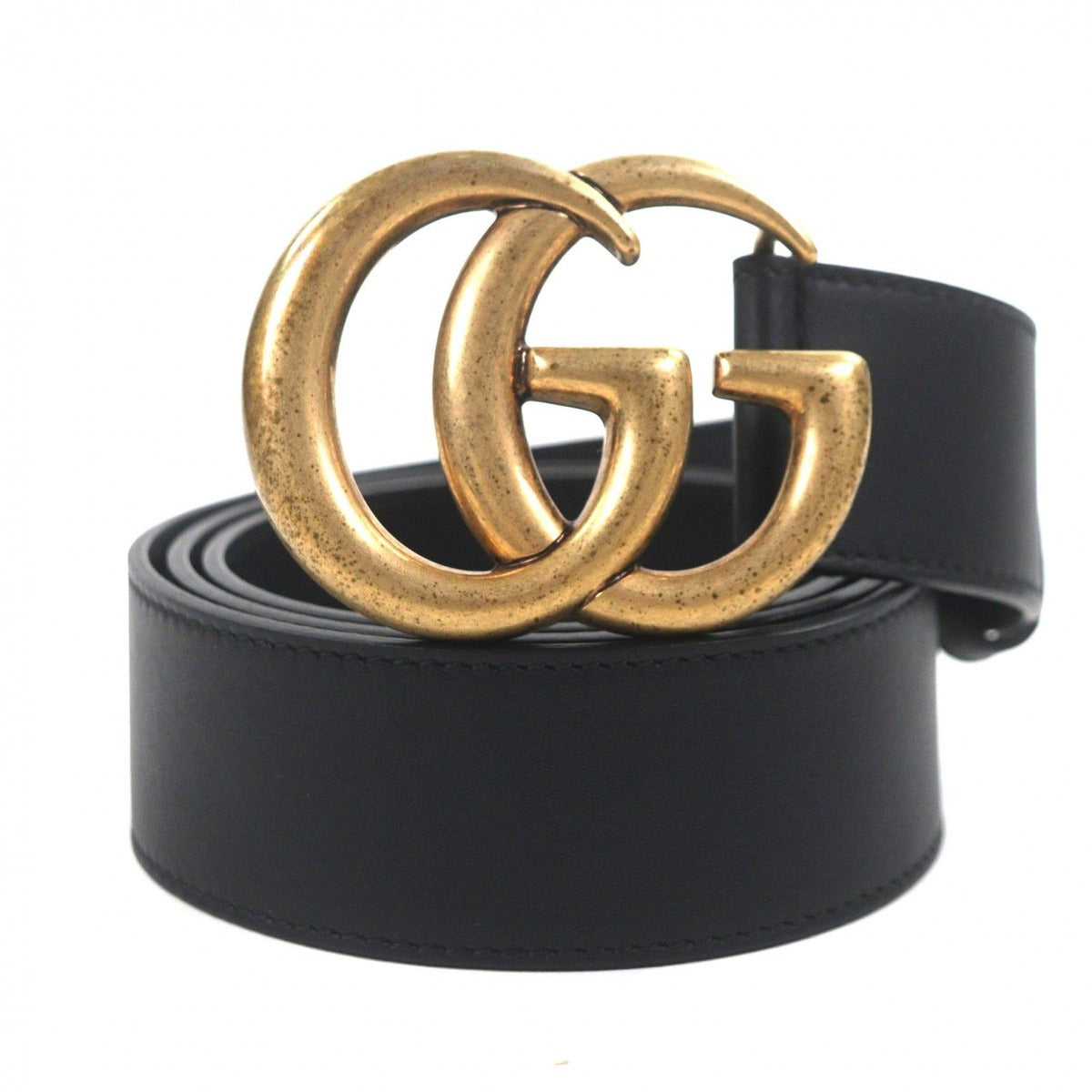 Gucci Double Wide Belt Leather GG Marmont Buckle Black Gold