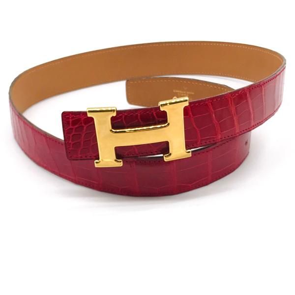 Hermes Constance Croco Porosus Buckle Belt Shikaku Red Gold