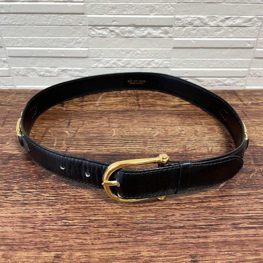 Celine Leather Carriage Logo Gold Belt Black