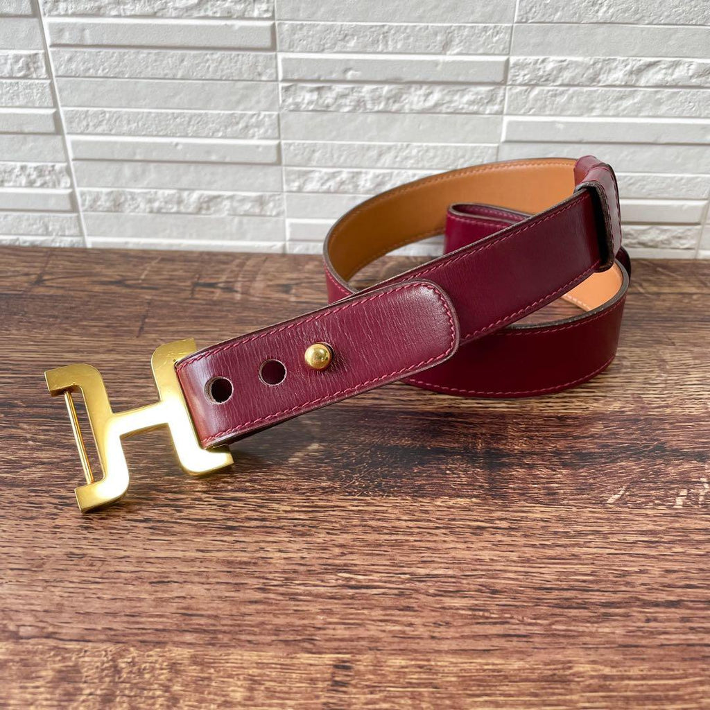 Hermes Leather Buckle Gold Belt Bordeaux